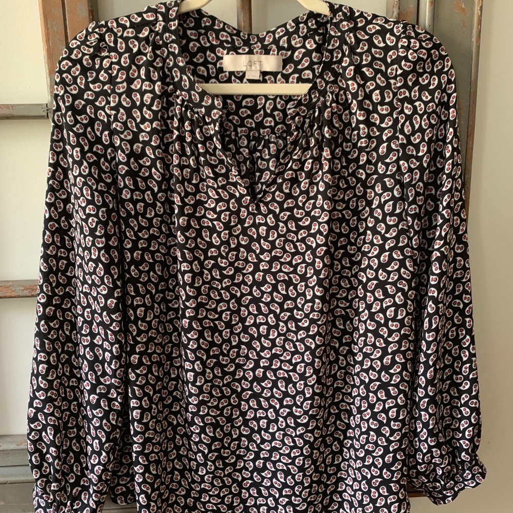 Loft Blouse. Black, white, red print.